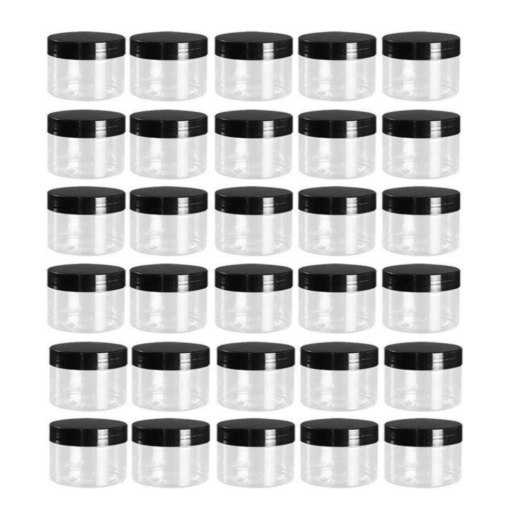 30 Pack 4oz Clear Plastic Jars w/ Black Lids Leak-Proof Round BPA-Free Food Safe